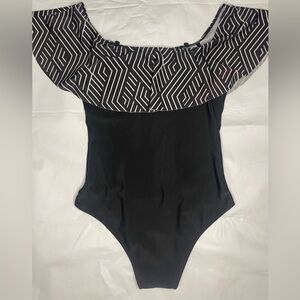 Black/white off shoulder one piece swimsuit, size Medium